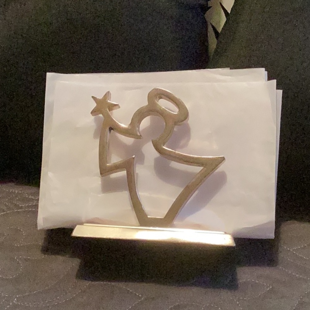Antique gold tone Christmas Angel napkin holder, 5” tall